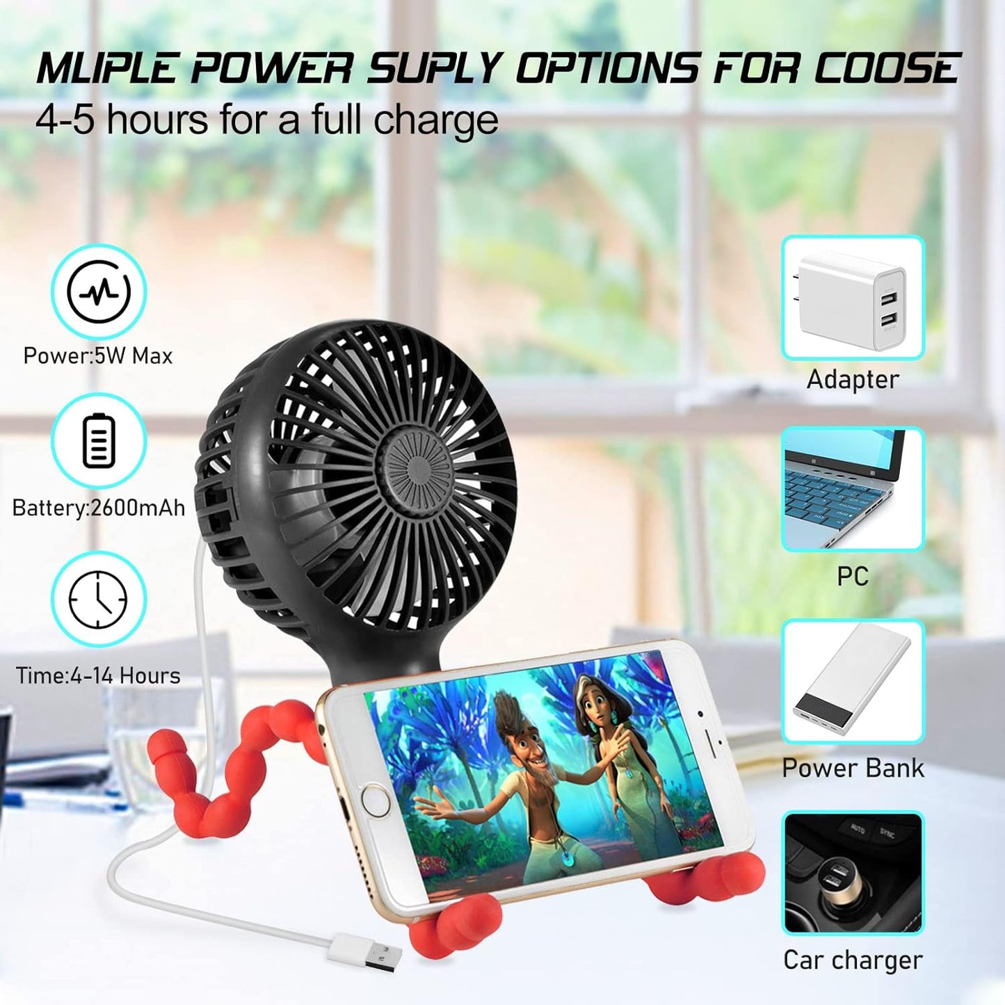 Stroller Fan Upgraded Portable Fan Versatile Fan Personal Desk Fan USB Rechargeable Fan with LED Light Flexible Tripod Design Handheld Fan 3 Speeds Baby Fan for Stroller（Black Red）