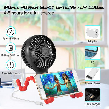 Stroller Fan Upgraded Portable Fan Versatile Fan Personal Desk Fan USB Rechargeable Fan with LED Light Flexible Tripod Design Handheld Fan 3 Speeds Baby Fan for Stroller（Black Red）