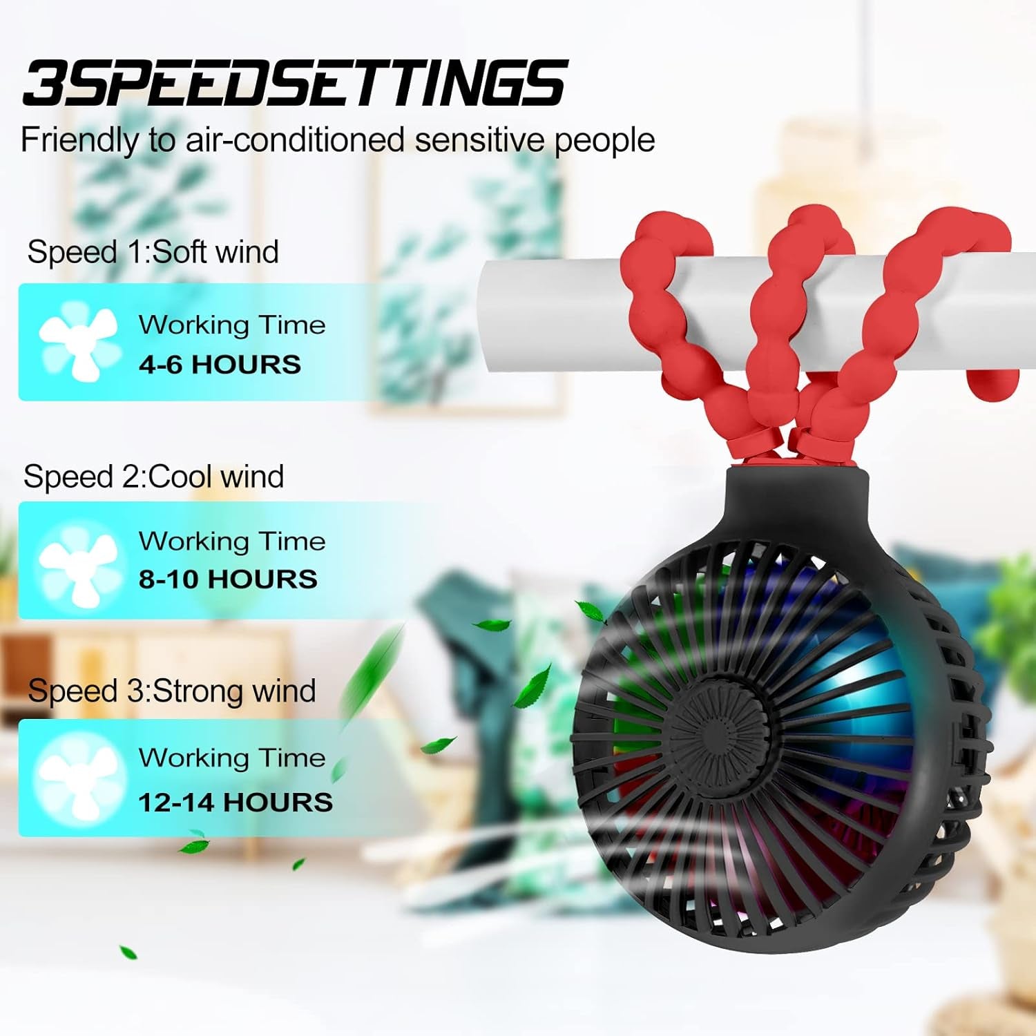 Stroller Fan Upgraded Portable Fan Versatile Fan Personal Desk Fan USB Rechargeable Fan with LED Light Flexible Tripod Design Handheld Fan 3 Speeds Baby Fan for Stroller（Black Red）